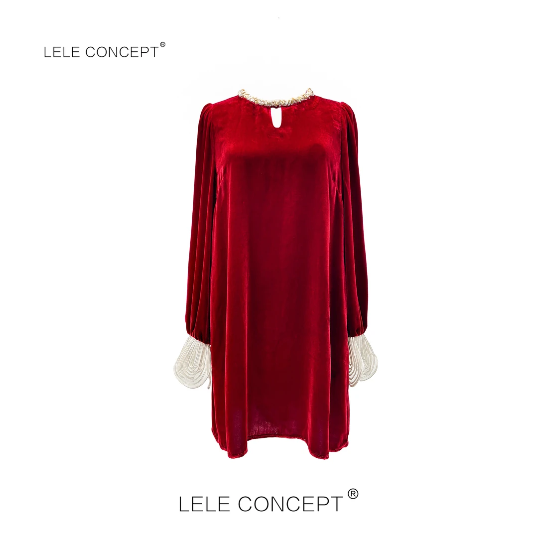 LELE CONCEPT｜【如一】气质优雅设计款钉珠领口花朵袖连衣裙Q0459