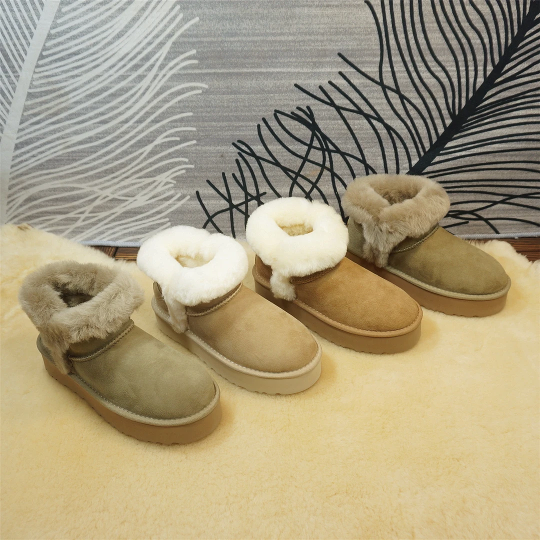 新款真皮羊皮毛一体短筒女士雪地靴 套筒厚底冬季保暖棉靴99-1