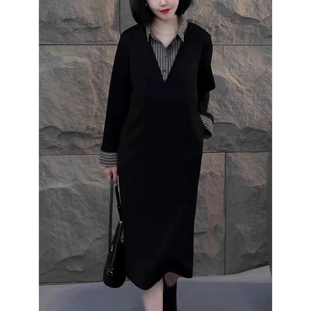 哥弟阿玛施正品条纹拼接假两件连衣裙女2025春秋新款大码休闲宽松