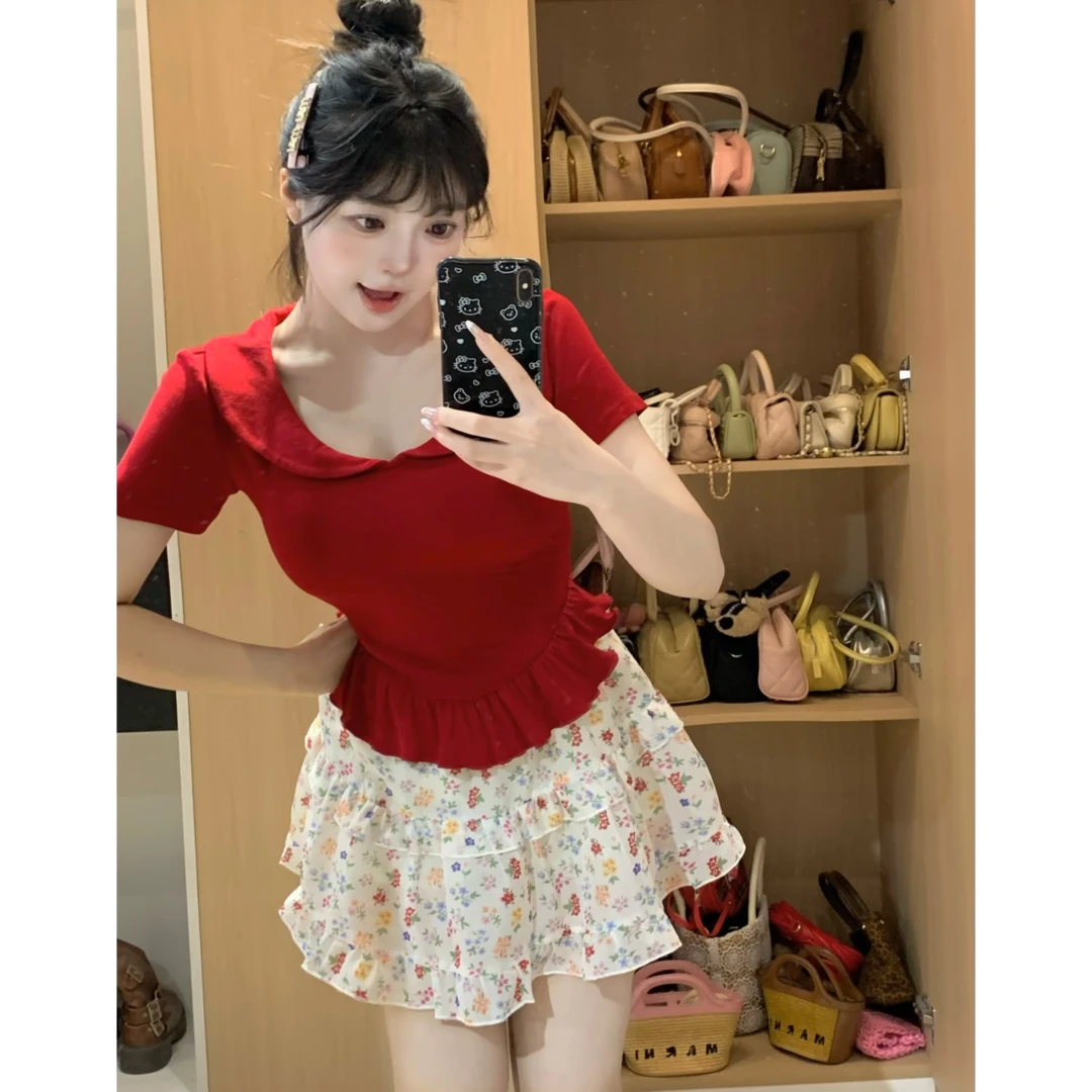 清清萌面侠芝士【花精灵半裙】碎花夏季高腰A字显瘦甜美半裙6022