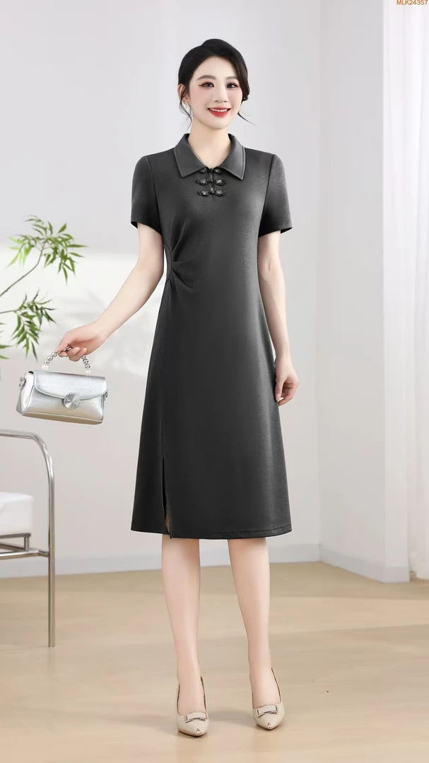 24357夏季新中式珍珠黑赫本风连衣裙商务气质休闲裙子百搭