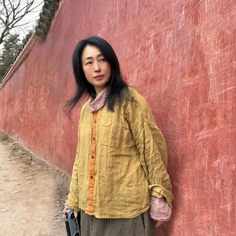 4408高品砂洗亚麻撞色开衫亚麻短外套 麻衫