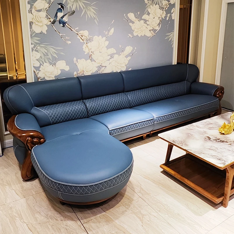 其迈森乌金木转角真皮沙发新中式头层牛皮全实木小户型客厅沙发