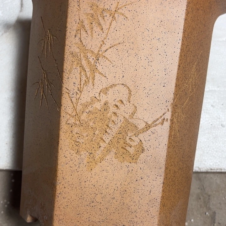 紫砂花盆天*放漏柴烧刻绘六方