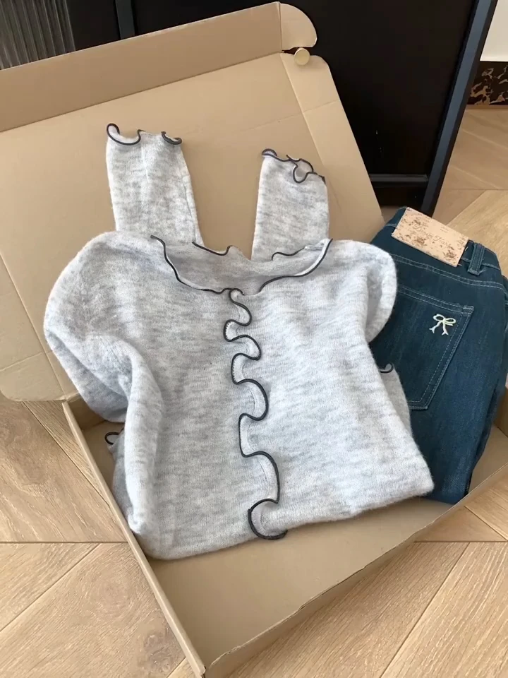 韩系慵懒风木耳边针织开衫女2025秋季新款设计感小众毛衣外套上衣