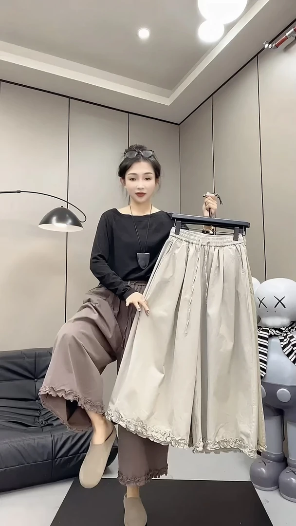 大码花边设计感休闲裤女2025春夏新款宽松显瘦洋气百搭八分阔腿裤