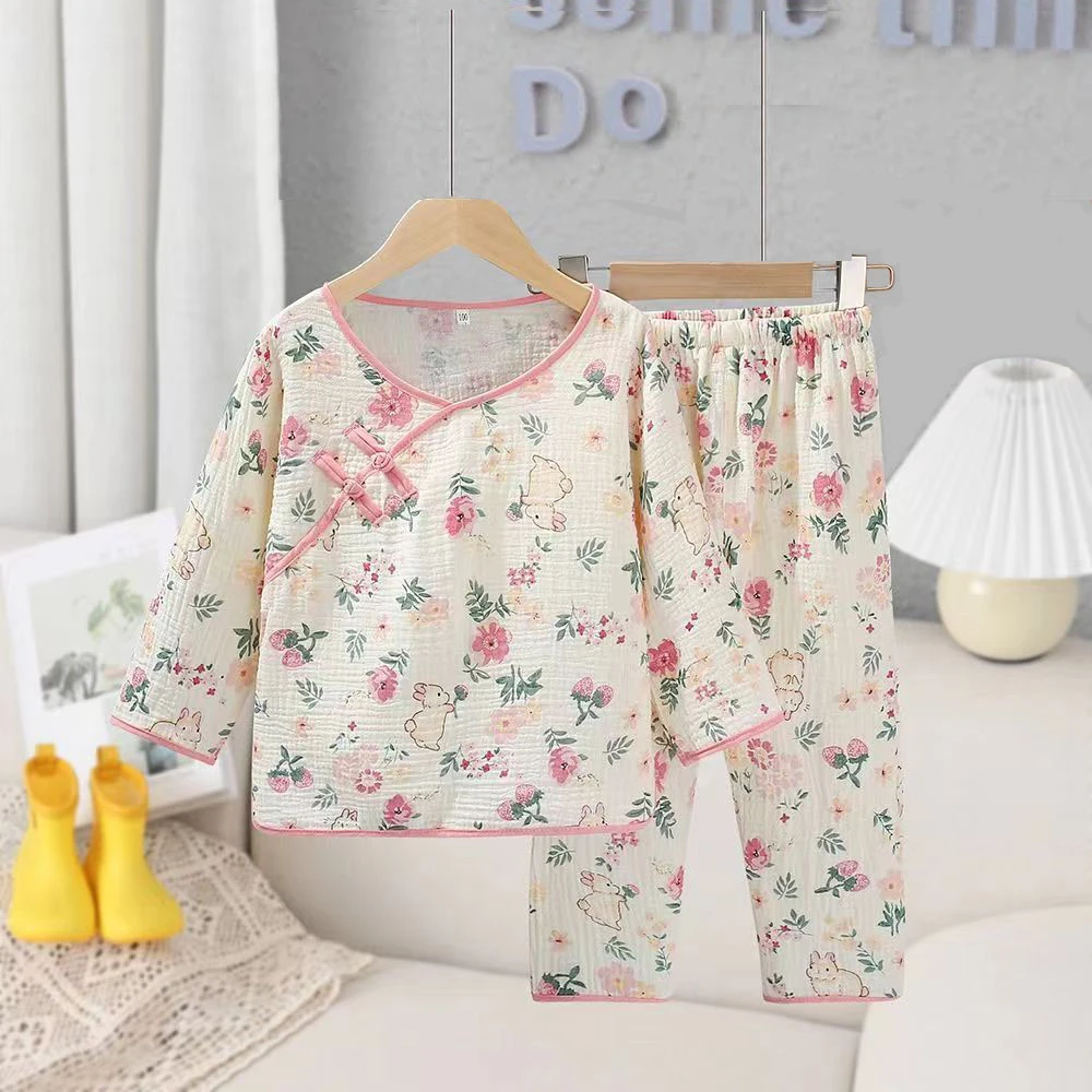 春夏季女童睡衣双层棉纱薄款透气国风女孩春夏天空调服家居服套装