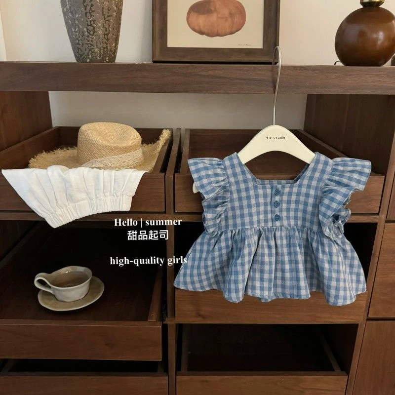 甜妹韩系女宝宝格子小飞袖公主娃娃衫短裤洋气套装