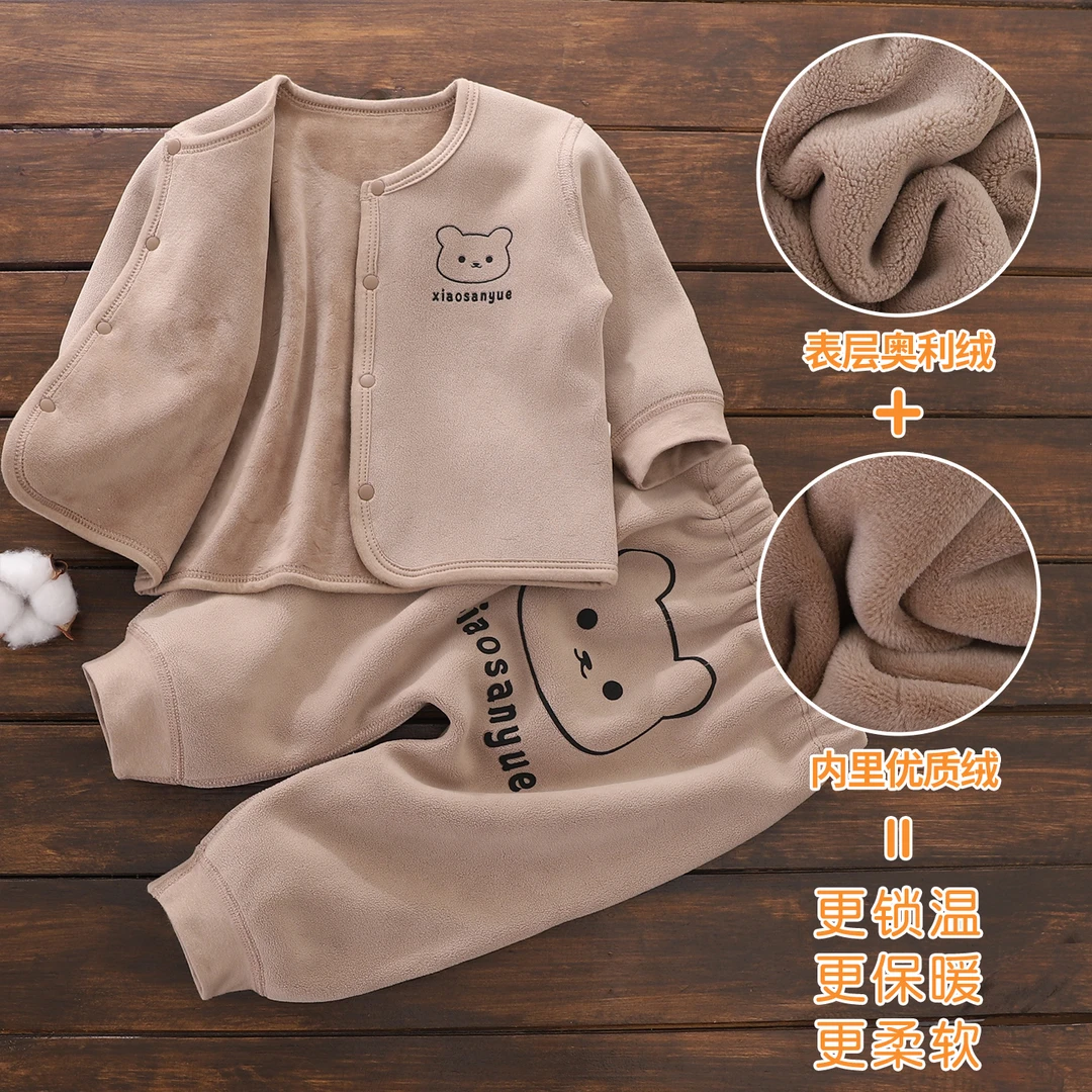 新生婴儿秋冬季加绒加厚保暖内衣套装分体开衫外套宝宝厚裤子冬装