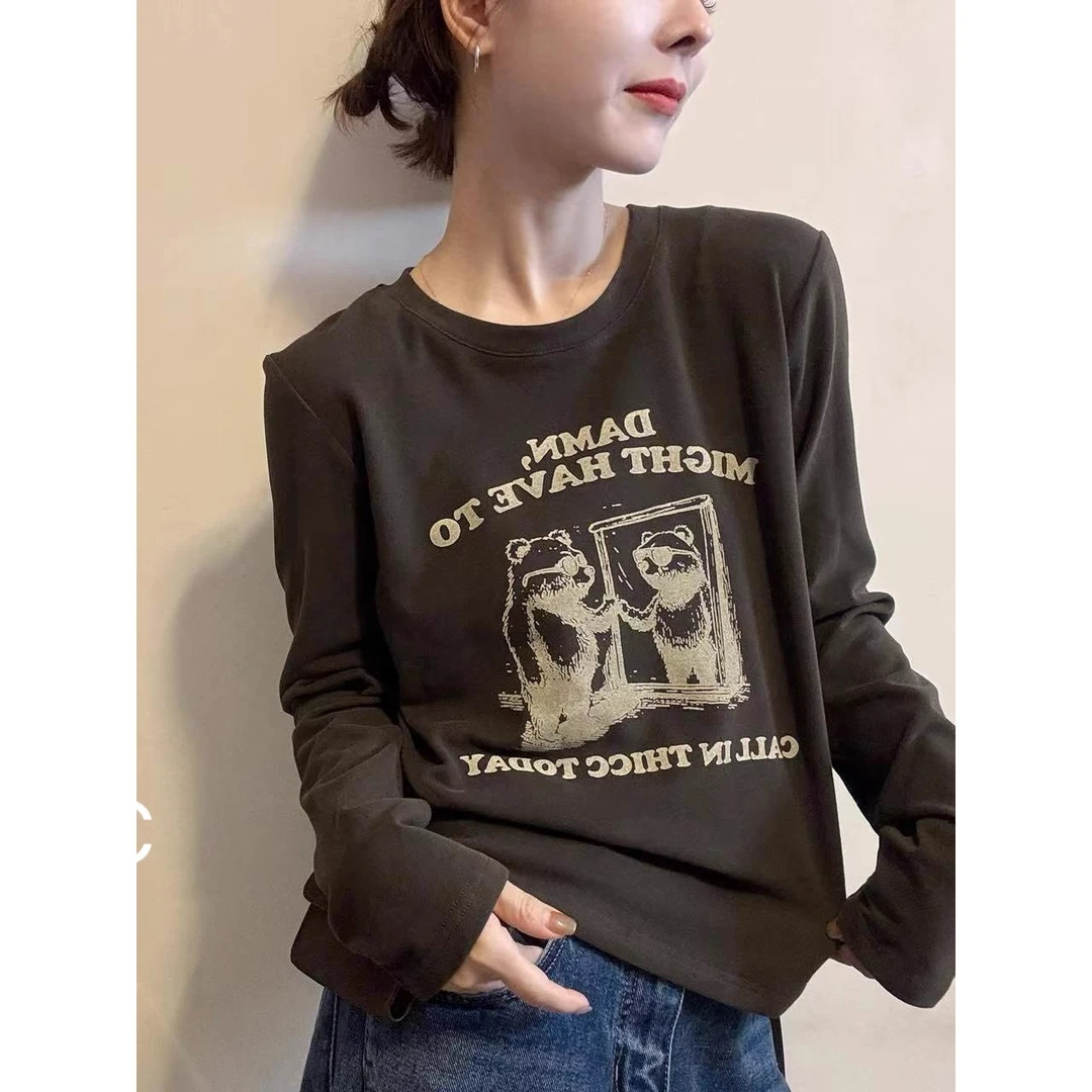 长袖休闲T恤衫女欧洲站2025秋季时尚字母卡通图案宽松百搭打底衫