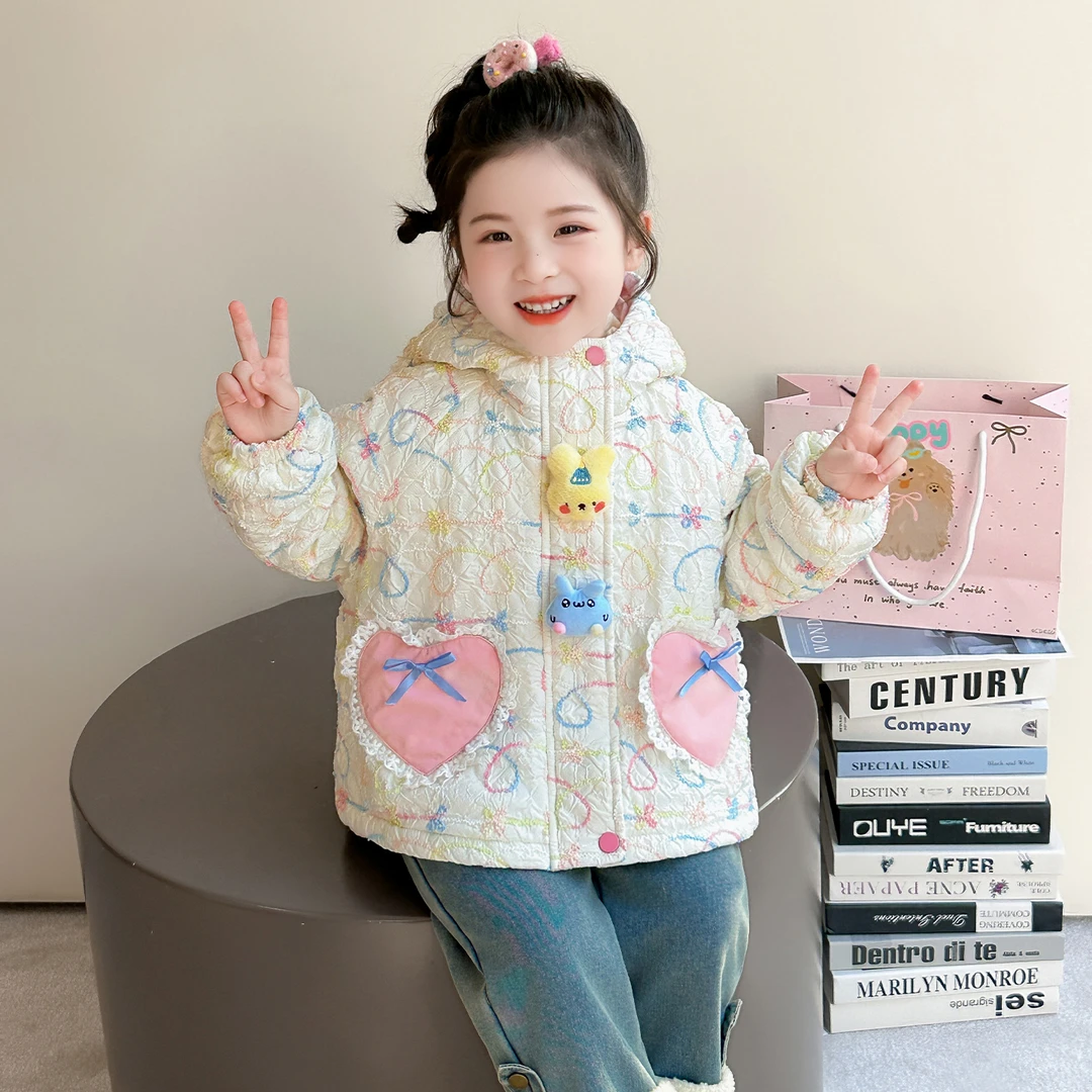 女童卡通加绒外套儿童时髦洋气加厚夹克小女孩宝宝秋冬装2025新款