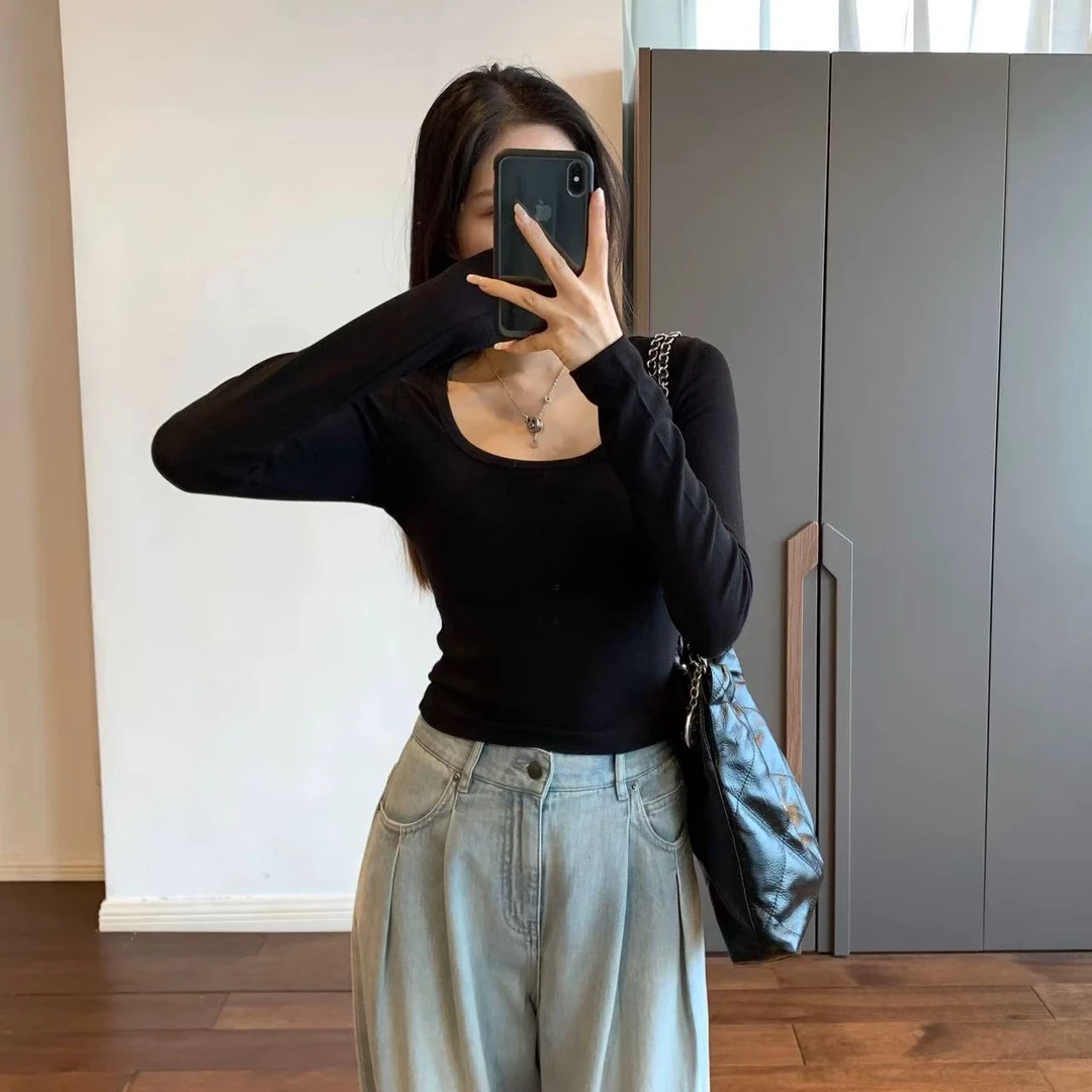 930#【实物为准】2024新款时尚百搭气质圆领长袖打底上衣