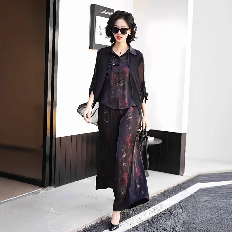 25春夏季新款大码新中式盘扣假两件衬衫上衣宽松阔腿裤两件套装