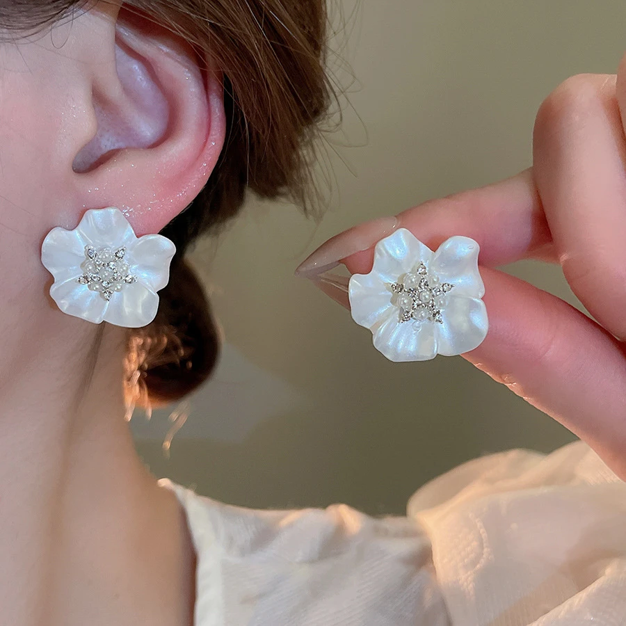 合金耳饰 银针镶钻花朵珍珠耳钉韩系ins风清新甜美气质