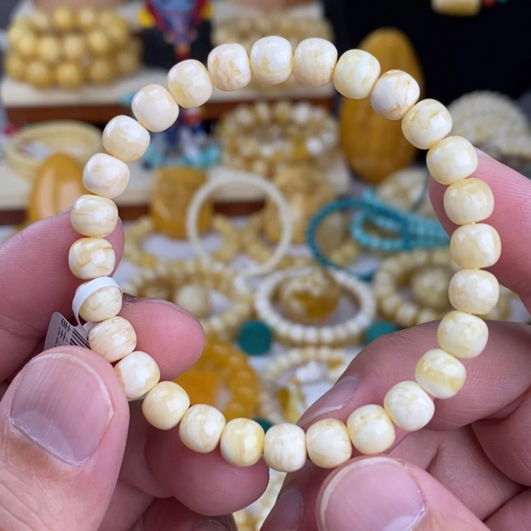 蜜蜡未镶嵌手链瓷白白蜡虎皮纹7.6mm高桩