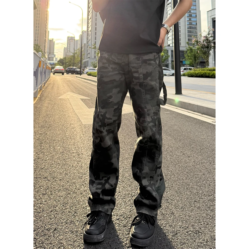 美式迷彩牛仔裤男款夏季潮牌高街cleanfit伐木裤宽松直筒工装长裤