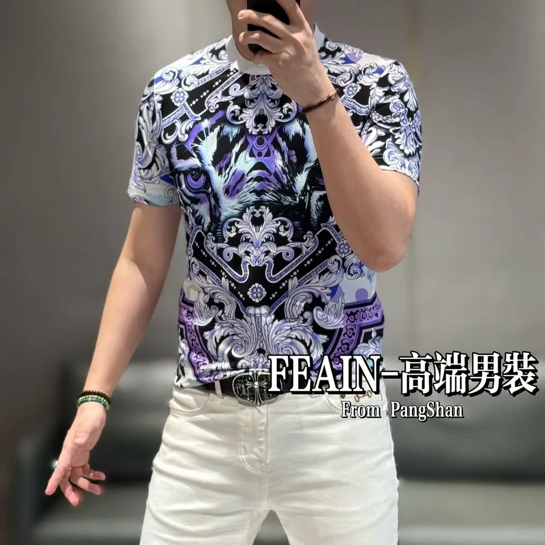 【雷迪·凯奇】高端定制男士6D幻彩直喷奥钻点缀老虎头短袖T恤063