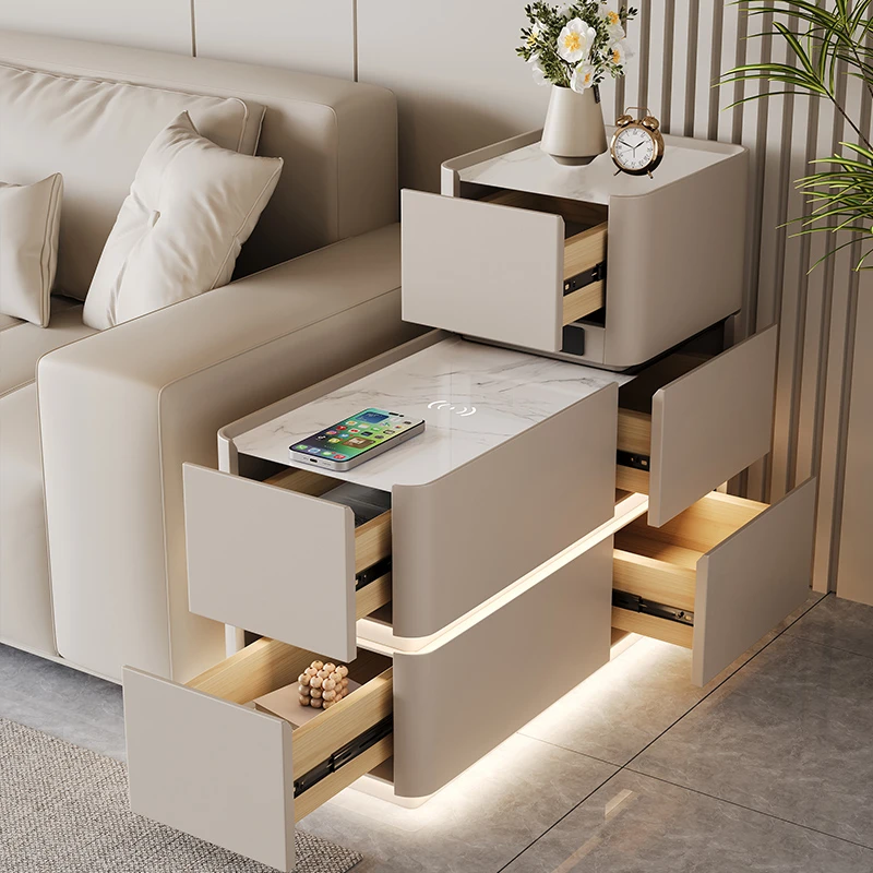 沙发边几扶手柜带灯带插座轻奢高级感小户型客厅多功能边柜置物柜