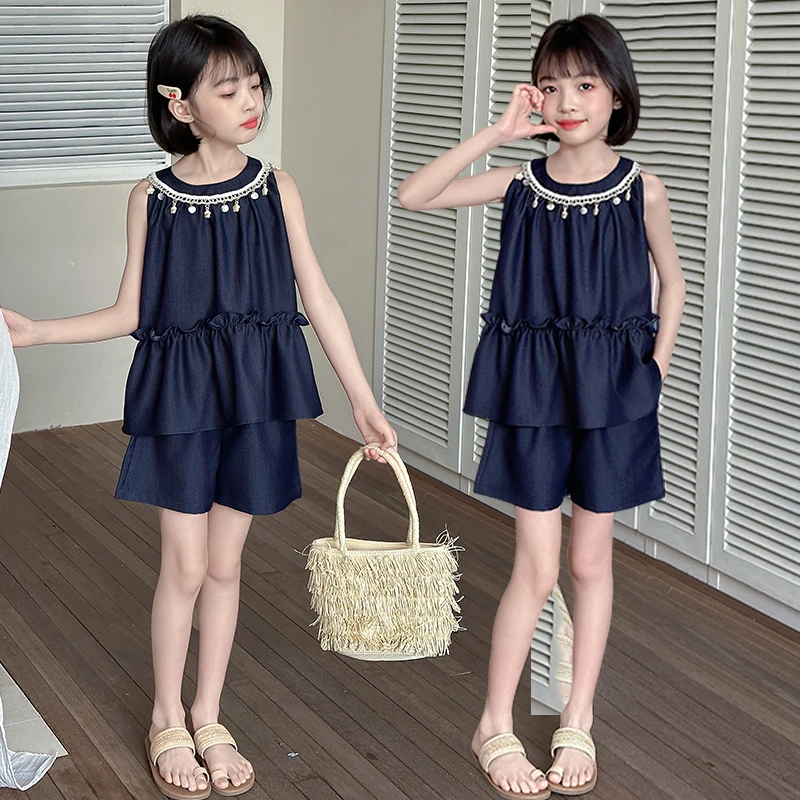 女童牛仔套装夏2025新款初中生女孩薄款短裤两件套女大童夏装衣服