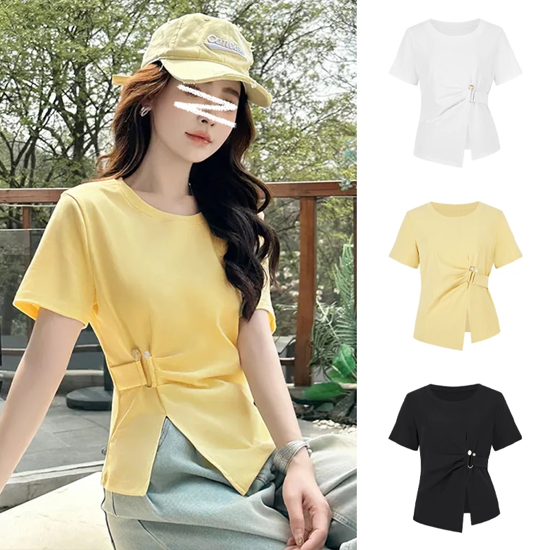 韩版大码女装夏季设计感小众开叉短袖T恤不规则收腰显瘦百搭上衣