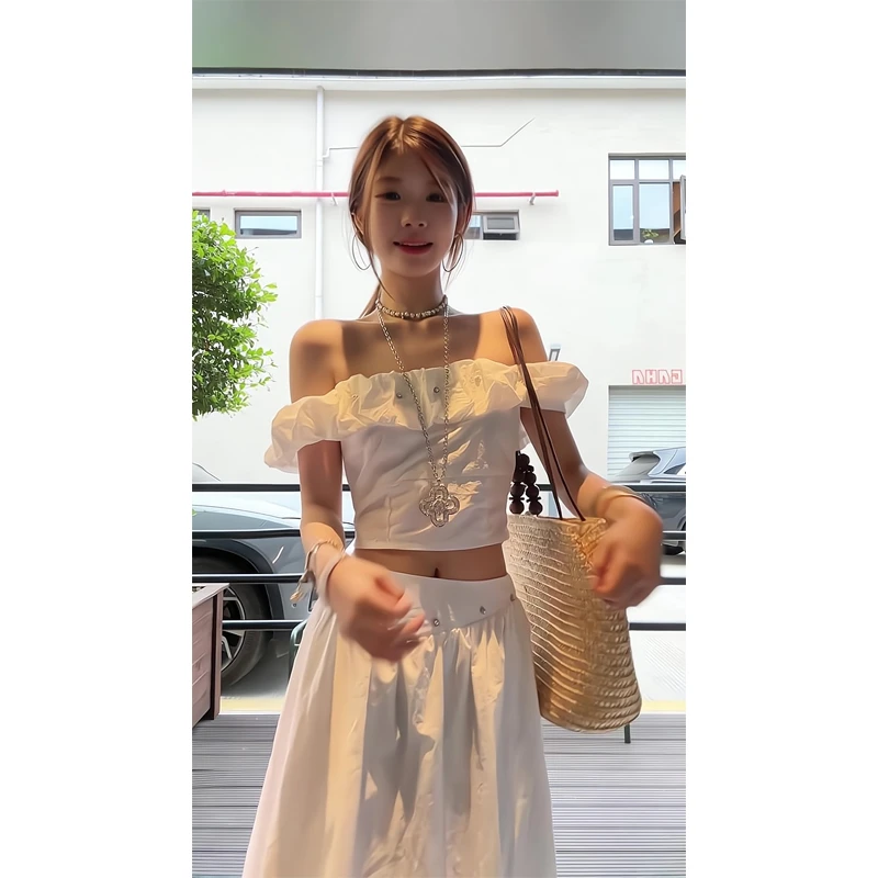 2025夏季珍珠铆钉装饰一字肩短袖上衣运动风休闲花苞裙长裙套装女