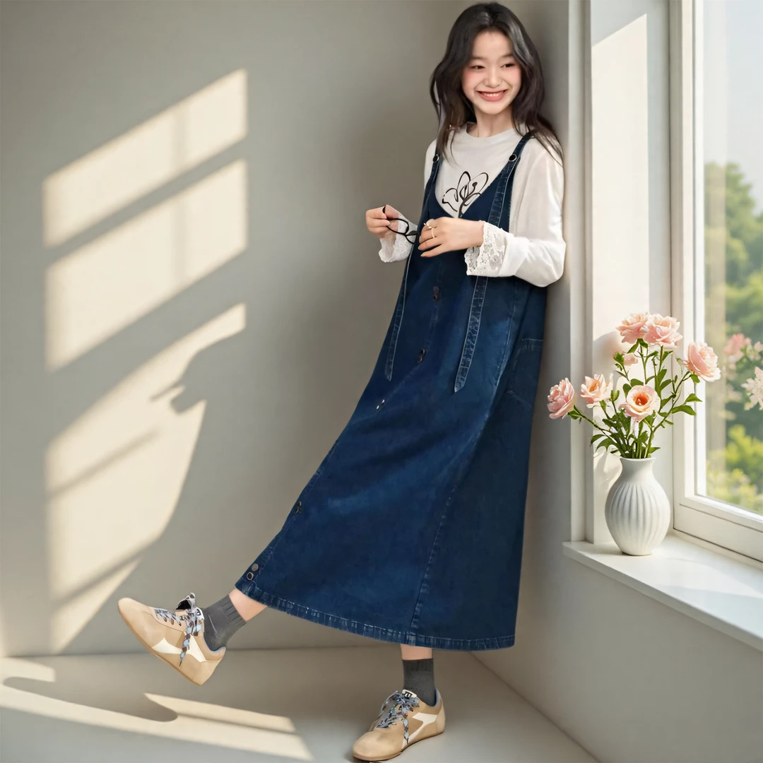 2025年新款时尚设计感牛仔吊带连衣裙女春夏宽松显瘦百搭减龄长裙
