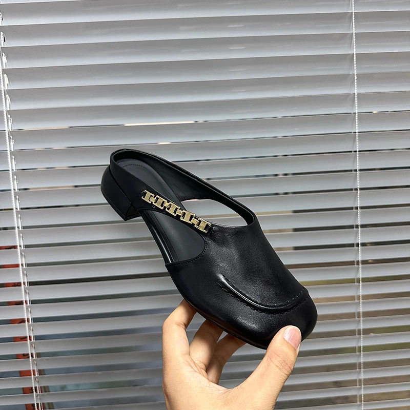 3cm/牛皮/粗跟真皮包头半拖鞋女 M311