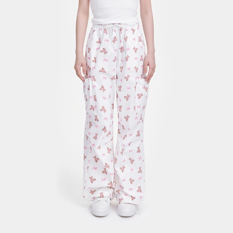 【清清】NCXK小熊蝴蝶结印花工装裤宽松薄款透气阔腿长裤KZ095