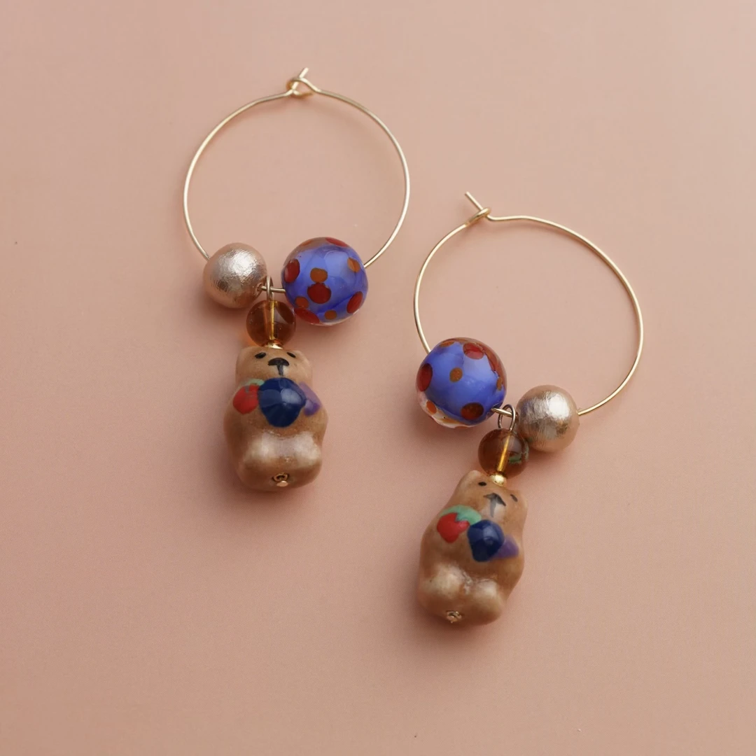 合金仿珍珠耳饰 Dust 無尘手作饰品 蓝金球球可爱小熊大耳圈
