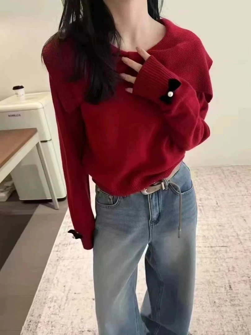 【翻领蝴蝶结65号】2024新款秋冬季高级感超好看针织打底衫上衣