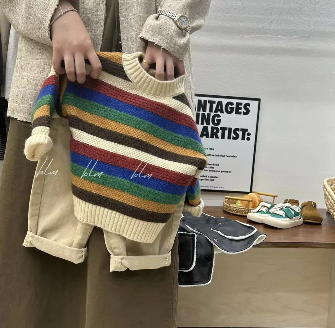 男童毛衣2025年秋冬新款韩版七彩红洋气套头时尚上衣条纹潮H152