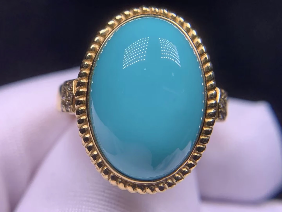 原矿绿松石18k金女戒 松石尺寸16×11.5，外围18×14，重4.9g，圈口14，