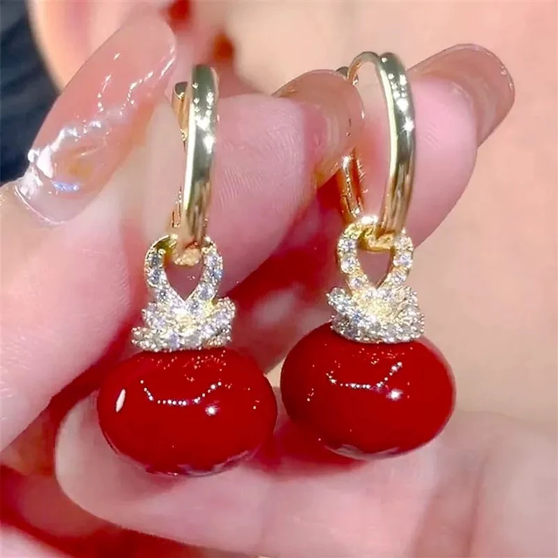 铜合金耳饰 【085】高级感气质扁圆酒红色珠珠耳扣耳环女百搭耳饰