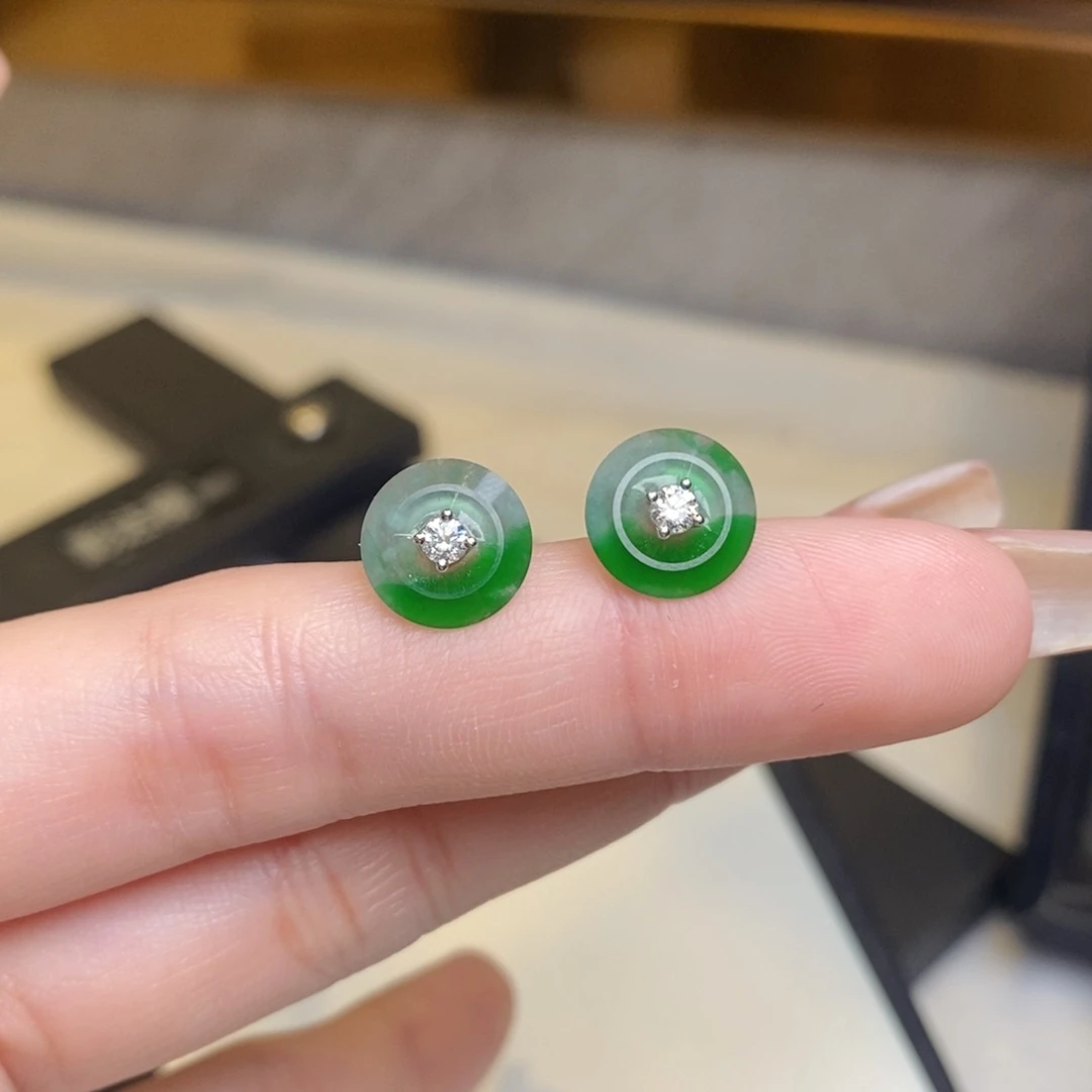 翡翠耳饰18K金镶嵌平安扣