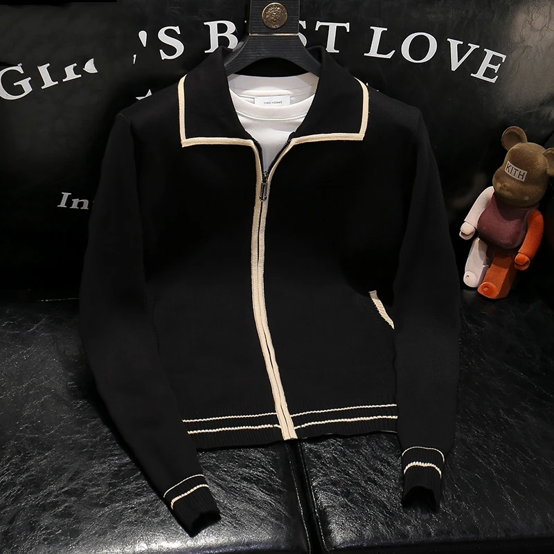 路约威格秋冬新款潮牌翻领针织衫男时尚修身百搭简约毛衣开衫外套