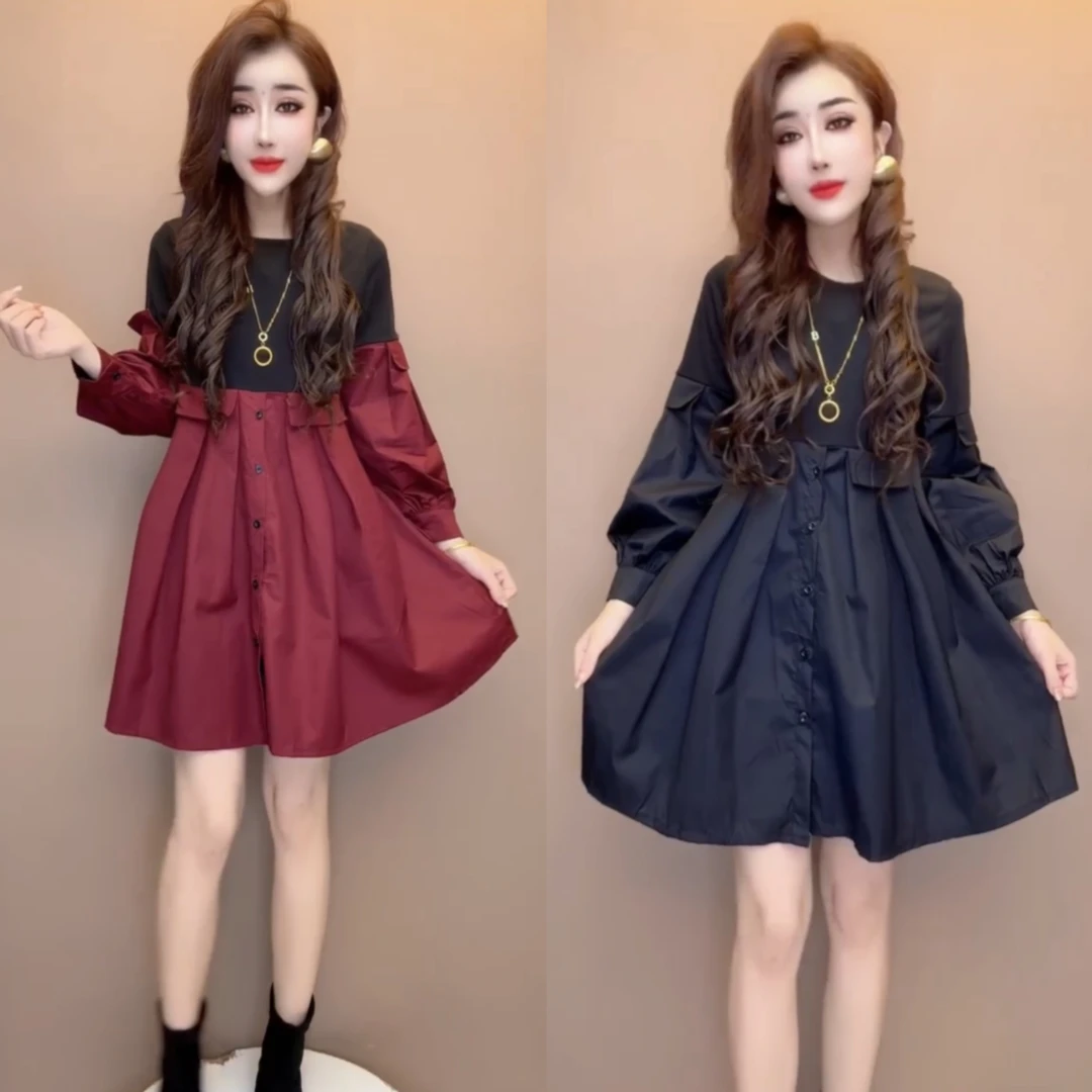 2025早春新款时尚拼色娃娃版连衣裙灯笼袖上衣宽松显瘦打底裙子