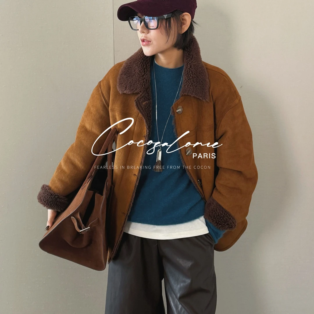 韩彬彬"可颂"100颗粒羊毛双面穿麂皮绒自发热极简拼皮外套3025-8