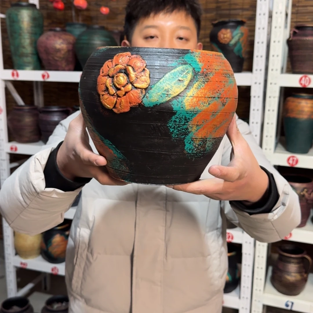 红陶红陶浮雕花盆炸炸炸炸