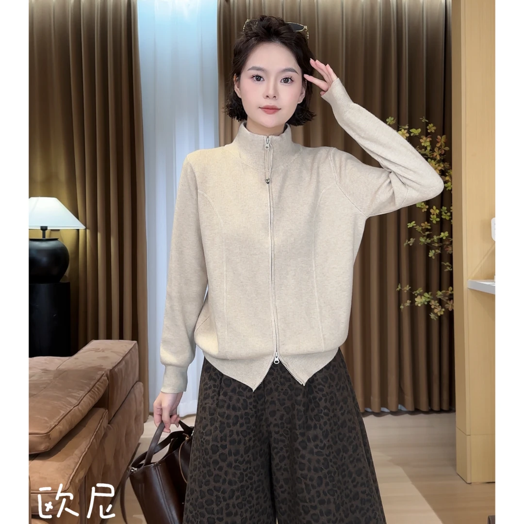 欧尼私服 2025早秋新款双拉链立领长袖休闲百搭针织上衣2509C5609