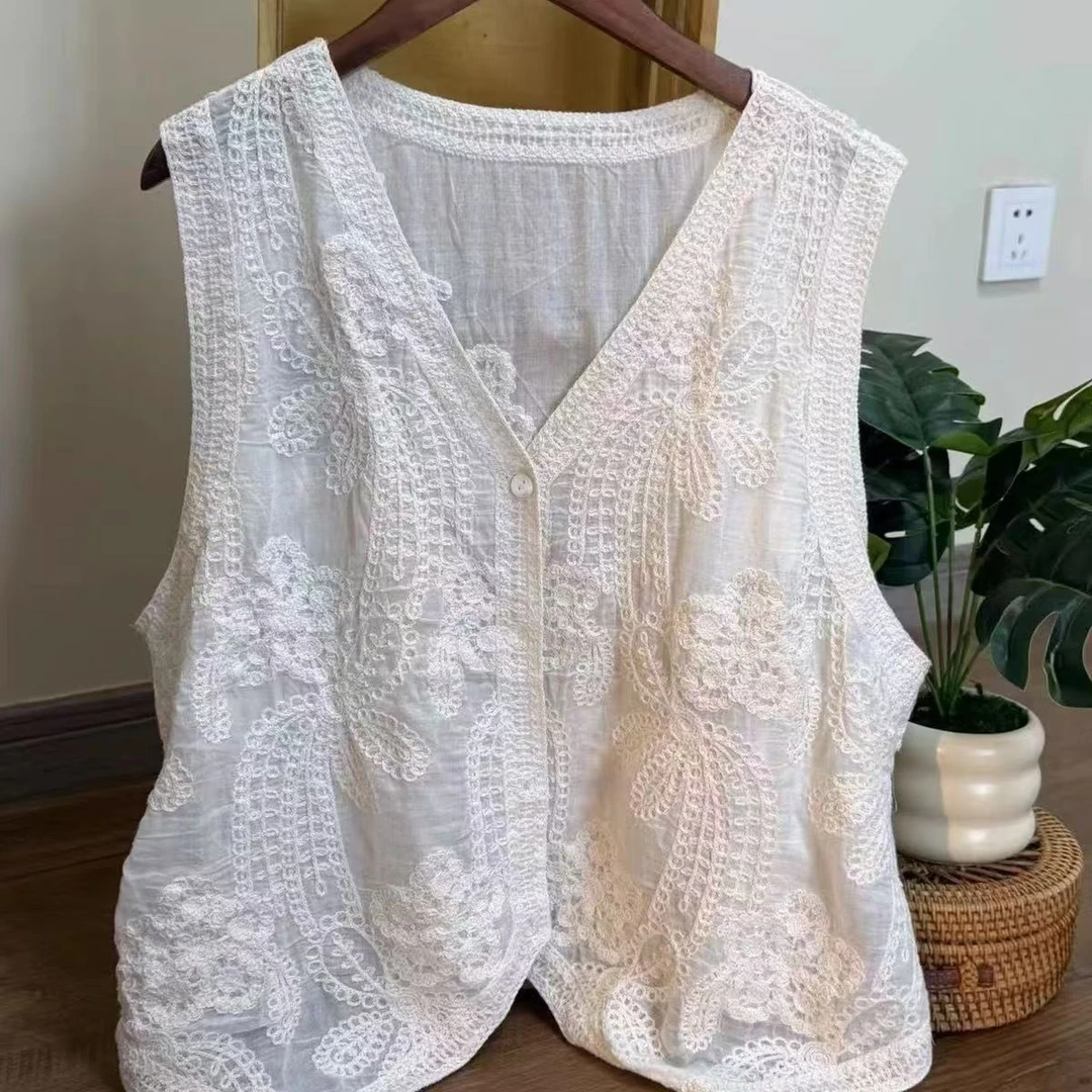 马甲链接—258夏季新品文艺复古镂空开衫减龄显瘦休闲花边无袖马甲