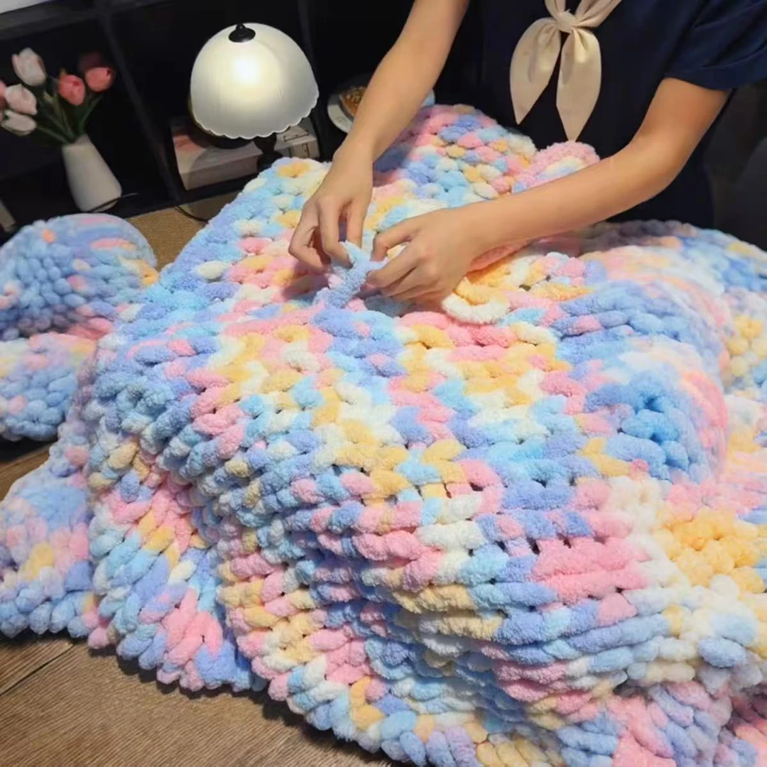 彩虹毛毯成品手工编织毯子diy材料包粗毛线盖毯被子送男女友礼物