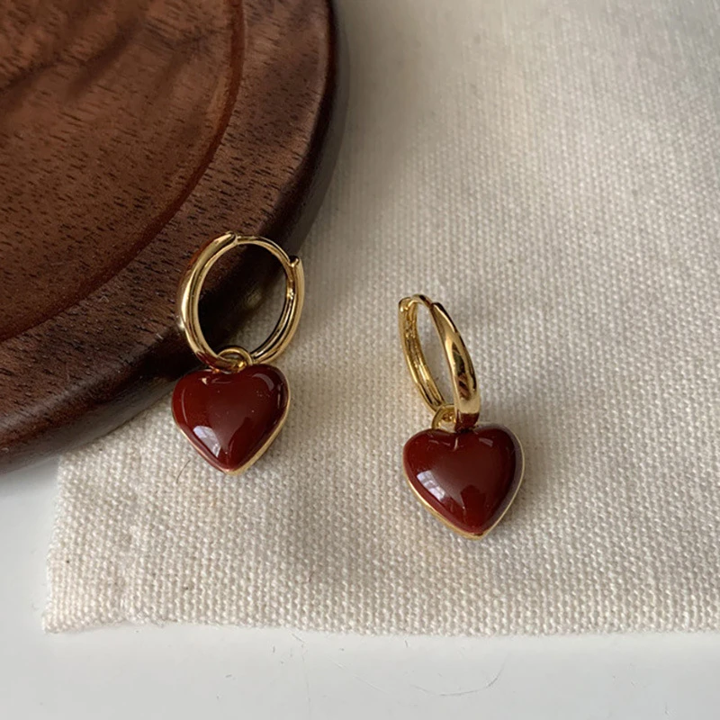法式复古滴釉爱心耳扣女小众设计感简约网红耳环个性桃心时尚耳饰
