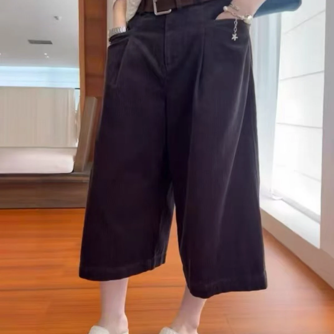 早秋显瘦高腰灯芯绒阔腿裤女打褶藏肉松弛感十足小个子休闲裤