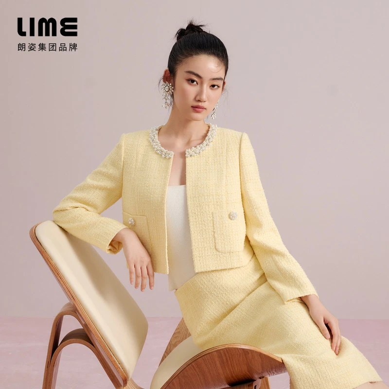 LIME/莱茵【时光律动】秋季气质千金风粗花呢上衣浅黄LDHADBCCJ308