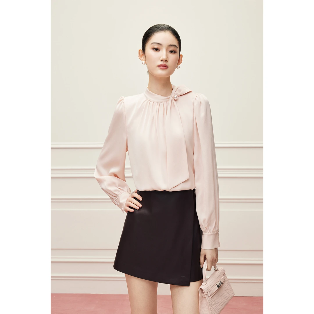 MandyZhang重磅高级感醋酸时尚钉珠飘带领衬衫女秋冬气质缎面长袖