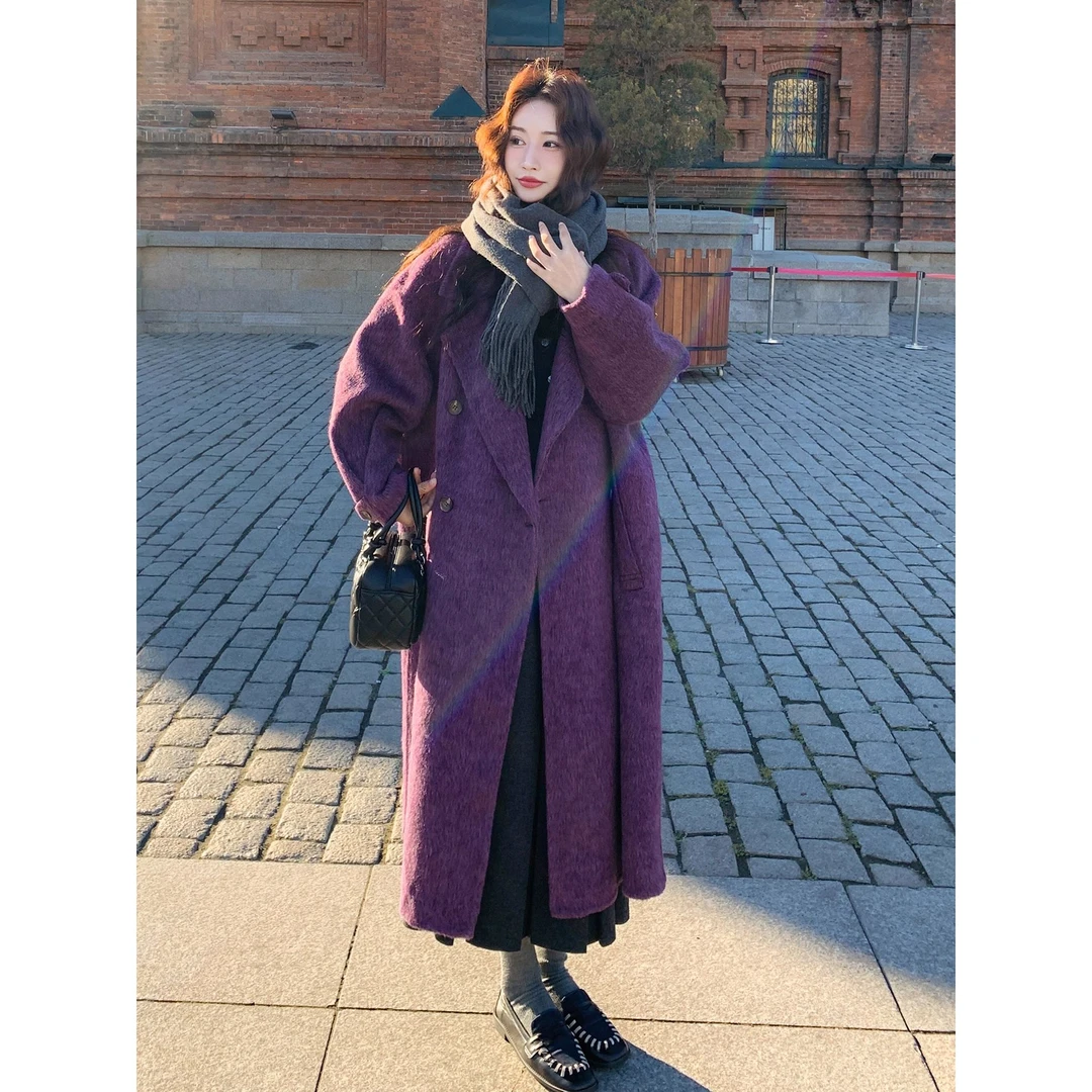 超好看紫色双面羊绒大衣女冬季2025新款高级感气质长款毛呢厚外套