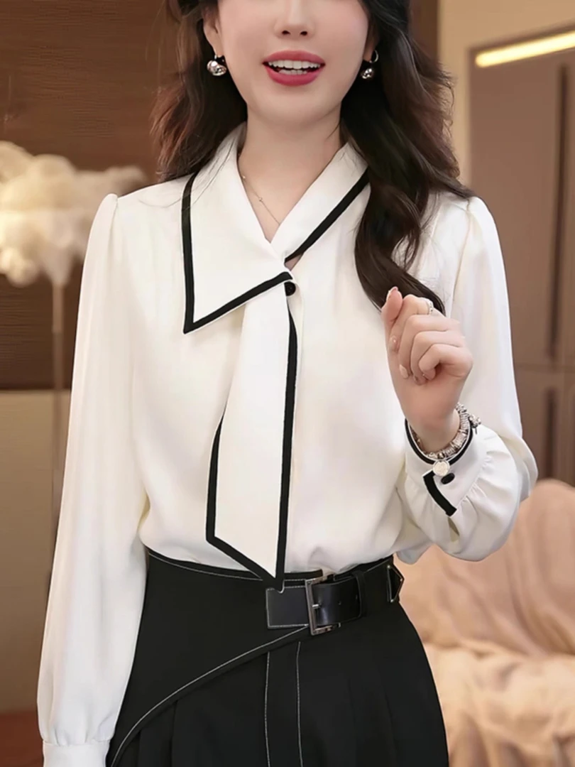 2025秋冬流行拼接撞色新款时尚范百搭优雅气质减龄风格衬衫上衣女
