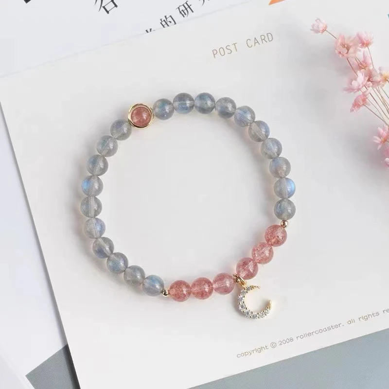 天然冰种草莓晶灰月光石手链女星月神话手串