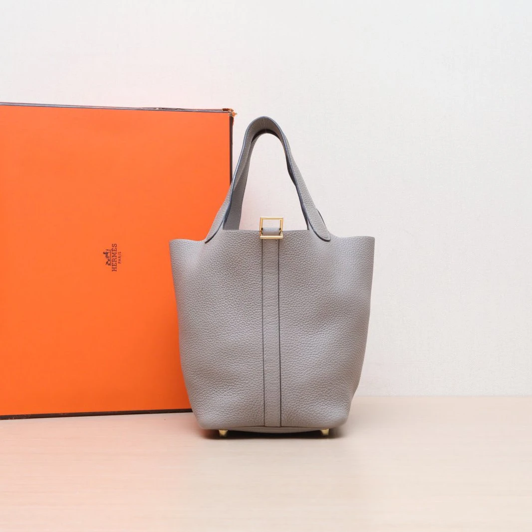 95新 Hermes/爱马仕 【双双】18 菜篮子 M8银河灰 TC皮 D刻 金扣