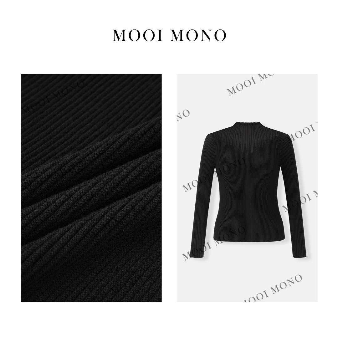 MOOI MONO"丝滑黑巧"冬季时尚显瘦百搭网纱亲肤针织套头衫M414D44